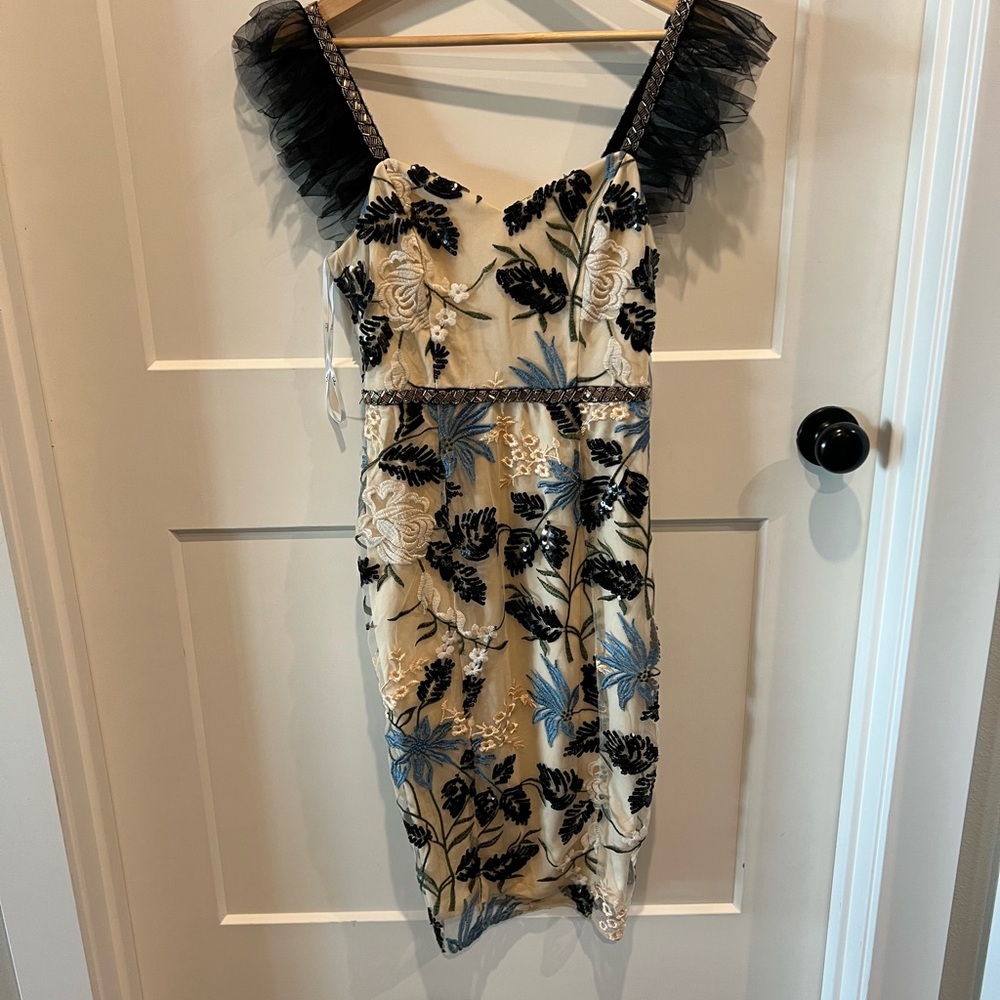 Lulu's Cream and Black Ruffled Sheath Dress with Spaghetti Straps for Cocktail